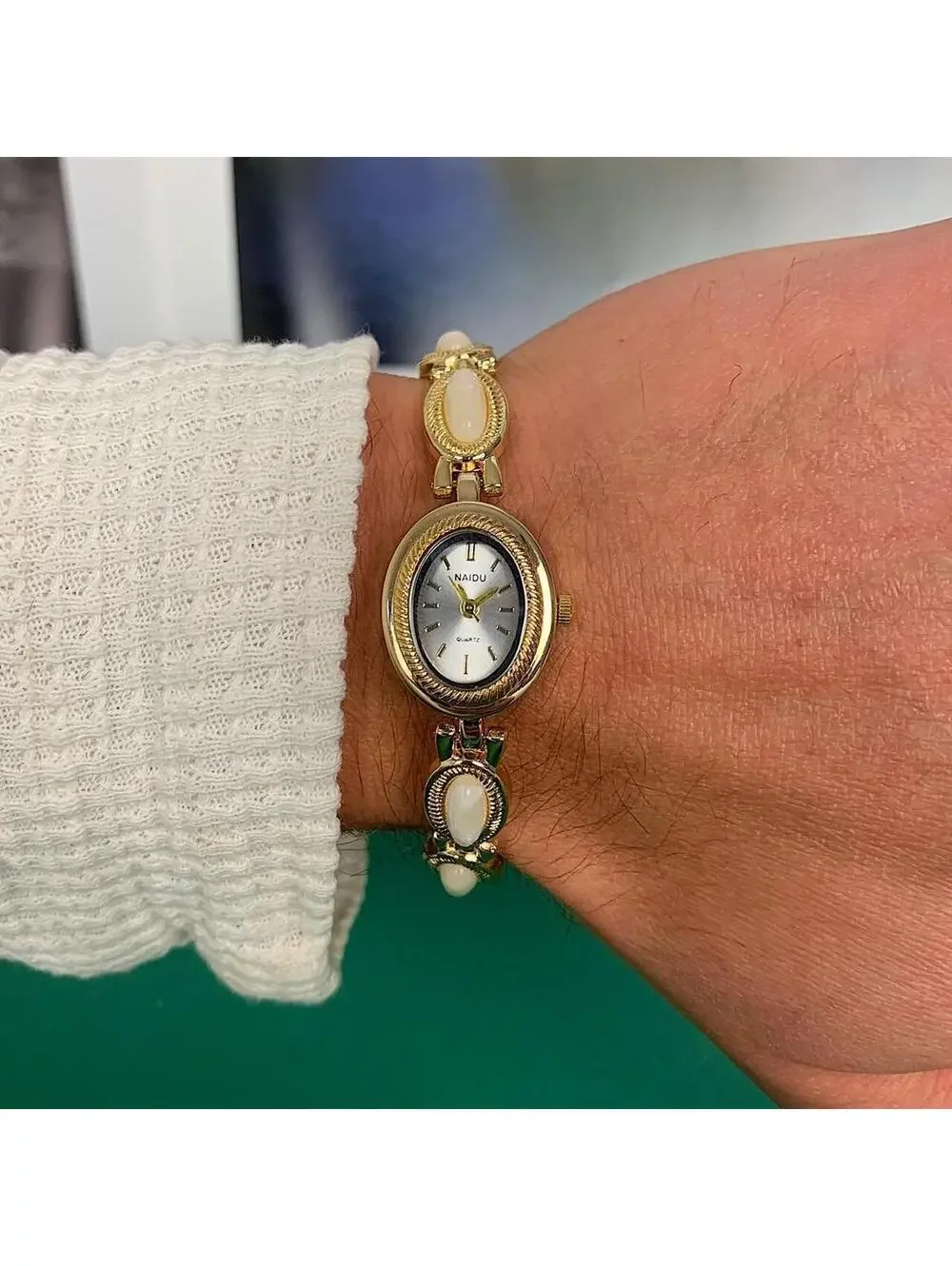 Y2k style Dainty cute Gold style tone quartz watch with lime green jade stone op
